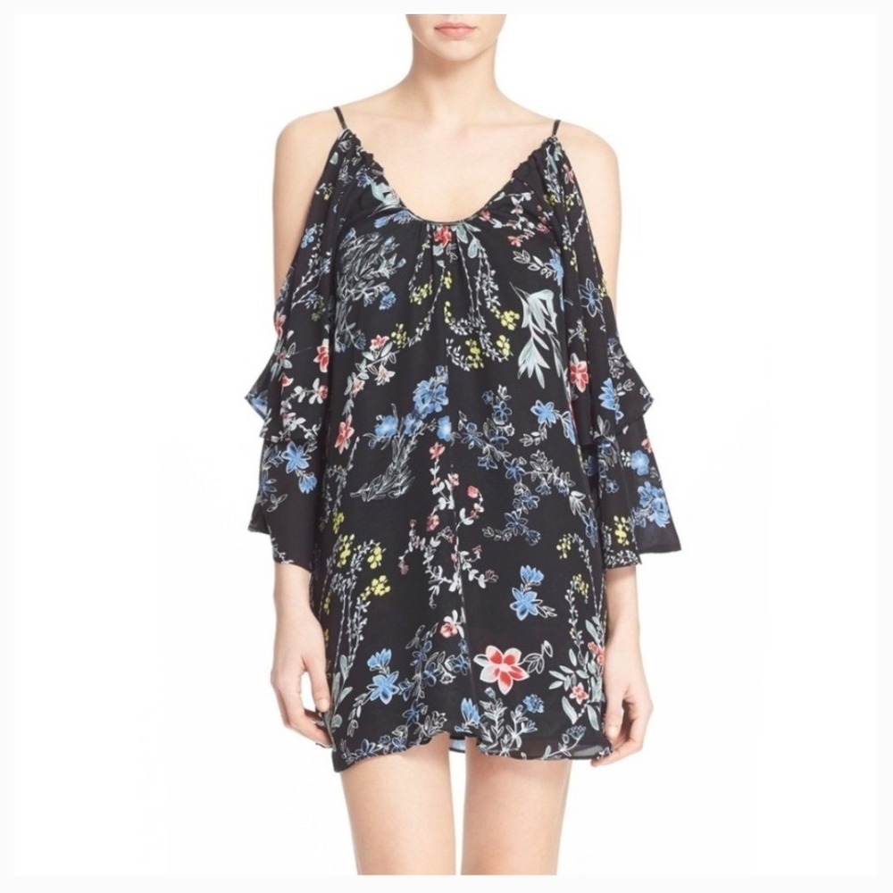 Parker Black Floral 100% Silk Cold Shoulder Ruffle Sleeve Mini Shift Dress  S